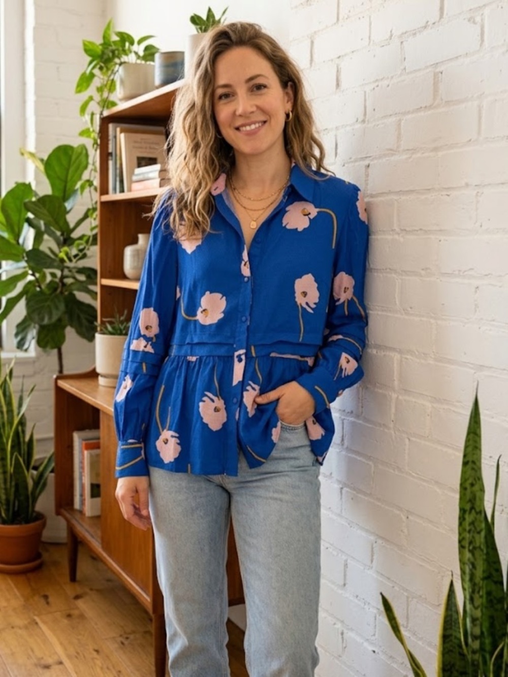 Y.A.S 100% Viscose Royal Blue Floral Button-Front Blouse - #38